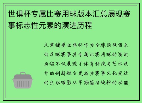 世俱杯专属比赛用球版本汇总展现赛事标志性元素的演进历程